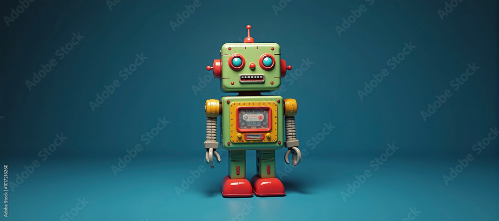 Fototapeta premium illustrative depiction of a small freestanding colorful toy robot against a colorful background, robots doing the work of humans