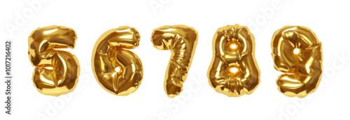 Collection of Inflated balloons numbers from 5 to 9 isolated on a white background. Realistic 3d design. Set of numbers made of rumpled latex material gold gradient colors. Vector illustration
