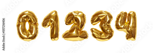 Collection of Inflated balloons numbers from 0 to 4 isolated on a white background. Realistic 3d design. Set of numbers made of rumpled latex material gold gradient colors. Vector illustration