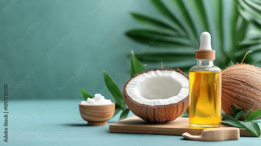 Fresh Coconut Oil on Clean Green Background Fresh Coconut Oil on Clean Green Background