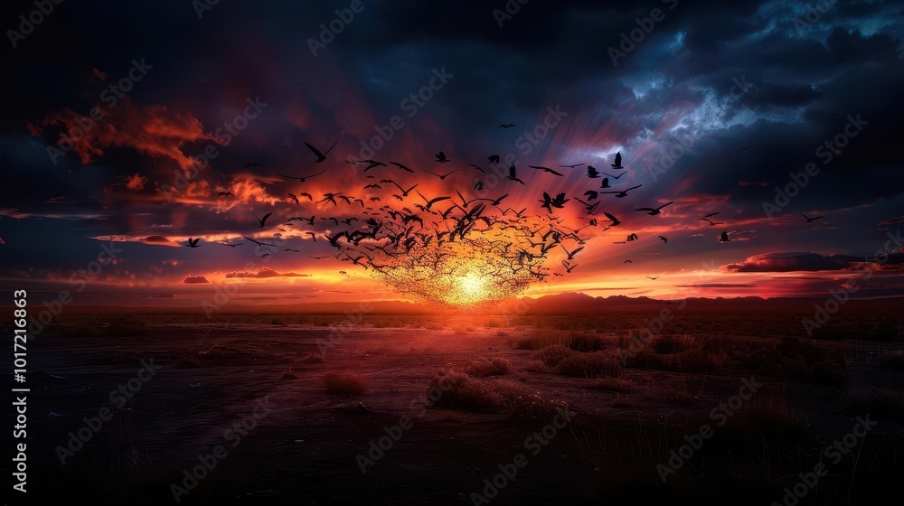 Flock of birds migrating over a desert landscape, twilight, vintage, muted colors, atmospheric, vast distance Flock of birds migrating over a desert landscape, twilight, vintage, muted colors, atmospheric, vast distance