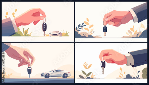 Hand holding keys. Flat car dealer or rental business concept, house apartment set vector illustration