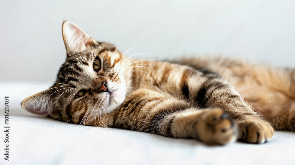 Cat is laying on a white surface, looking at the camera Cat is laying on a white surface, looking at the camera