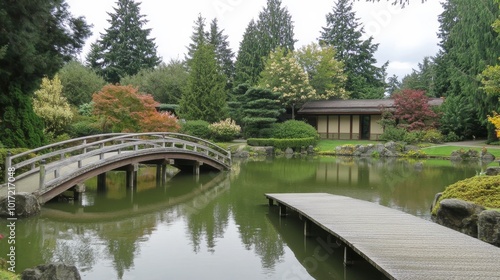 Seattle Japanese garden pond bridge view