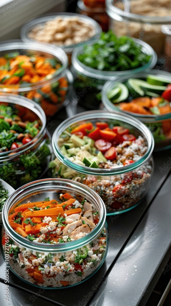 Healthy meal prepping in a kitchen, balanced diet, photo-realistic, bright colors, organized, nutritious Healthy meal prepping in a kitchen, balanced diet, photo-realistic, bright colors, organized, nutritious