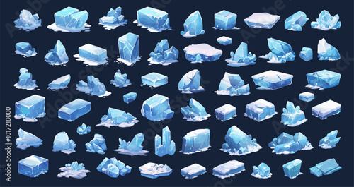 ice set cartoon. glaciers, cold frozen block cube lump winter snow crystal decor vector illustration