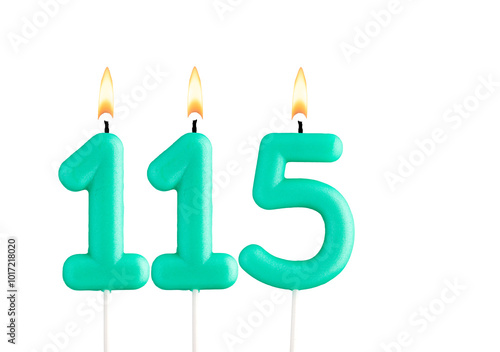 Birthday number 115 - Green birthday candle on white background