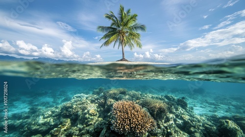 Tropical Island Scene with Coral Reef and Palm Tree