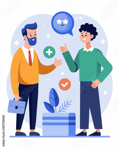 A man receives credit repair advice from a friend who has successfully improved his own credit score inspiring him to take control of his financial situation.. Vector illustration