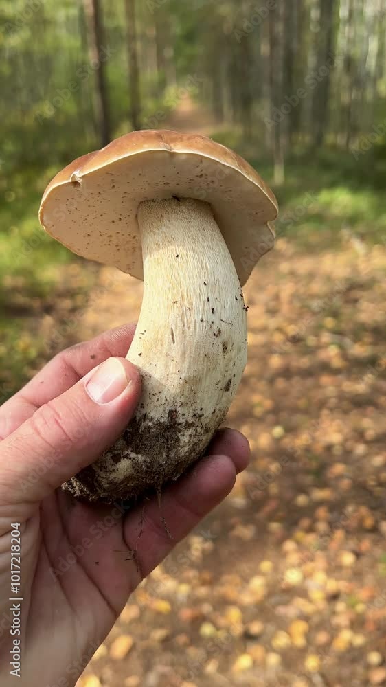 the guy holds a white mushroom in his hand and walks along a forest path. close-up of a hand and a mushroom, a blurred background of nature. the guy holds a white mushroom in his hand and walks along a forest path. close-up of a hand and a mushroom, a blurred background of nature.