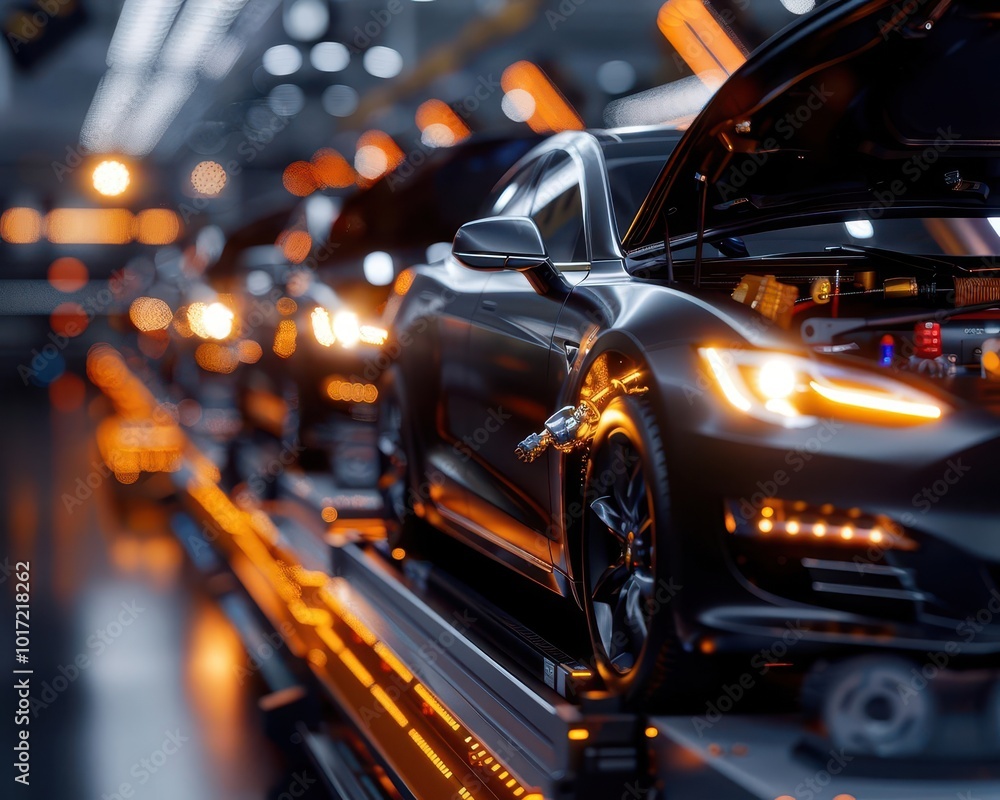 Robots assembling futuristic vehicles in a high-tech factory, cyberpunk, dark hues, industrial, dynamic Robots assembling futuristic vehicles in a high-tech factory, cyberpunk, dark hues, industrial, dynamic