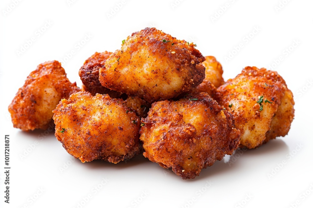 Close-up of fried popcorn chicken on a clean white background, perfectly crispy, golden-brown, with light seasoning and crunchy coating, each piece distinct Close-up of fried popcorn chicken on a clean white background, perfectly crispy, golden-brown, with light seasoning and crunchy coating, each piece distinct