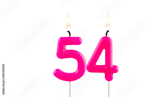 Pink number 54 birthday candle on white background