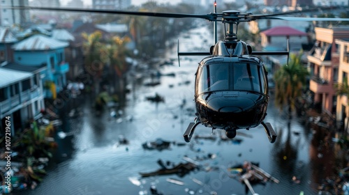 A helicopter flying over a hurricane-affected area, capturing images of the destruction below, including flooded homes and debris