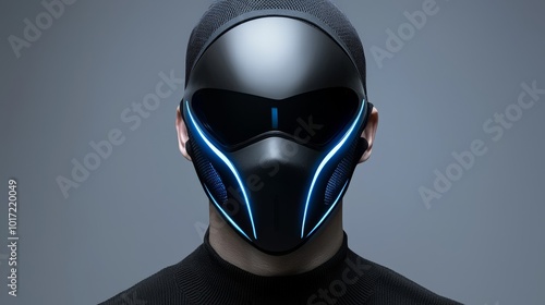 A high-tech, futuristic face mask with a sleek design, incorporating LED lights and air filtration technology, displayed in a minimalist setting photo