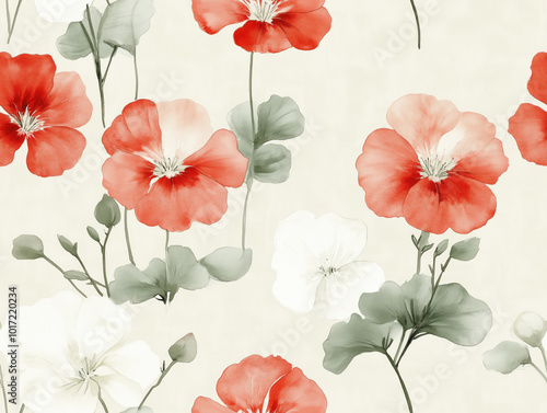 Continuous background image of red poppy flower pattern watercolor painting