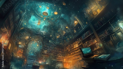 Enchanted Library with Glowing Lights and Starry Sky Ceiling