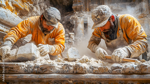 Traditional Stone Masons Working on an Ancient Building with Precision photo