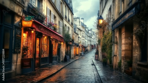 a quaint street in Paris, France's Montmartre district. It has well-known landmarks and characteristic Parisian architecture. This image of Paris is stunning1.