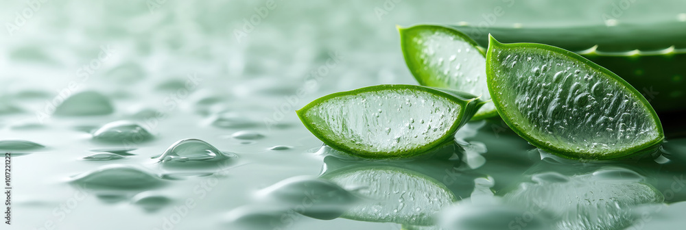 A green leaf of an aloe vera plant. The leaf is on a surface with water droplets A green leaf of an aloe vera plant. The leaf is on a surface with water droplets