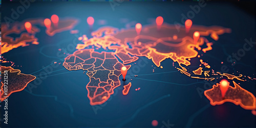 Connected way marks or highlighted points, show the way to the desired destination on a route on a world map
