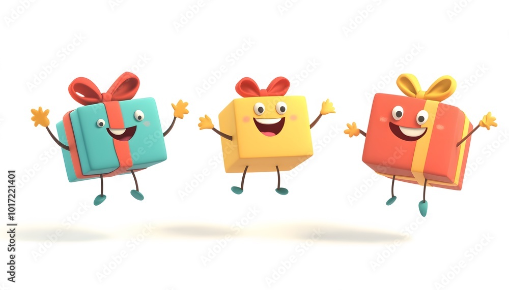 Naklejka premium Colorful Gift Boxes with Faces and Arms in Playful Design