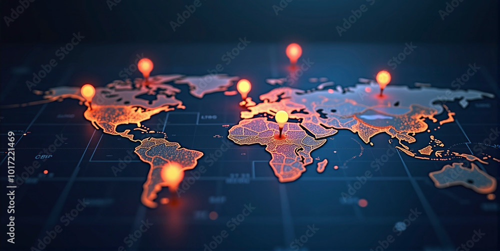Obraz premium Connected way marks or highlighted points, show the way to the desired destination on a route on a world map