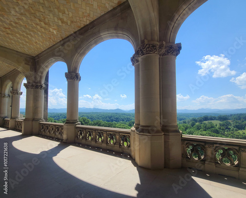 Scenic Balcony View with Arched Columns