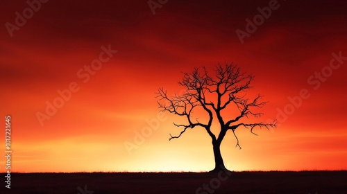 A lone dead tree standing in the middle of a barren landscape, silhouetted against a blood-red sunset