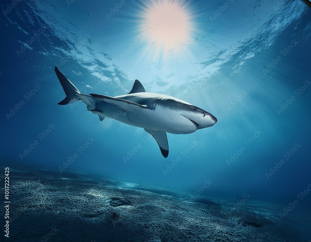 Fototapeta premium Lone shark prowls the sea in broad daylight while the sun is very strong and above it