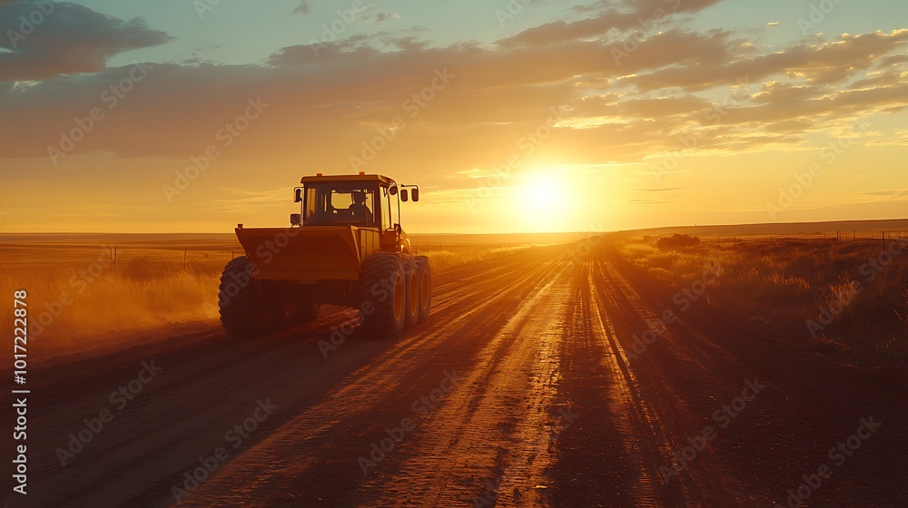 Fototapeta premium Tractor on a Country Road at Sunset