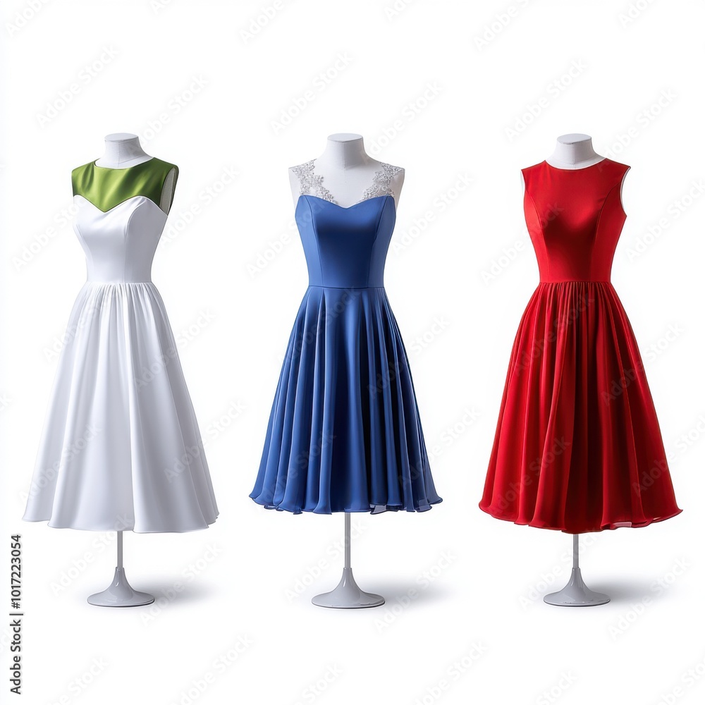 Elegant Dresses on White Background in Various Colors Elegant Dresses on White Background in Various Colors