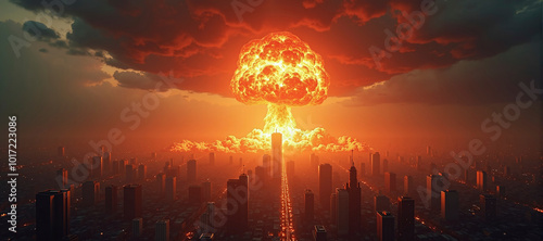 illustrative representation of a nuclear explosion in a city or metropolitan area, horror and fear of war, nuclear disarmament