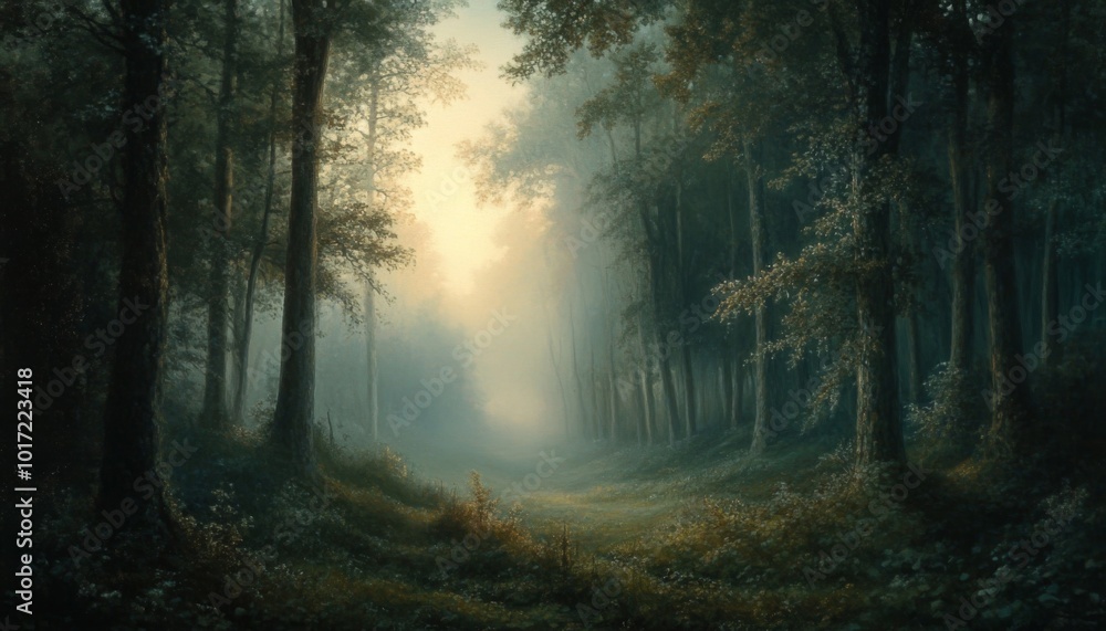 Fototapeta premium A misty forest path leads to a glowing sunrise.