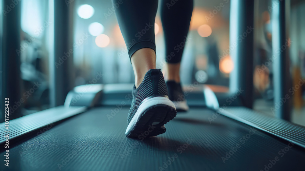A person is running on a treadmill. The person is wearing black pants and a black shoe A person is running on a treadmill. The person is wearing black pants and a black shoe