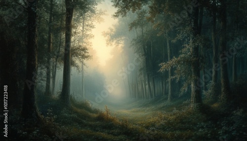 A misty forest path leads to a glowing sunrise.