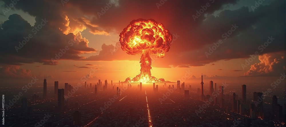 illustrative representation of a nuclear explosion in a city or metropolitan area, horror and fear of war, nuclear disarmament illustrative representation of a nuclear explosion in a city or metropolitan area, horror and fear of war, nuclear disarmament