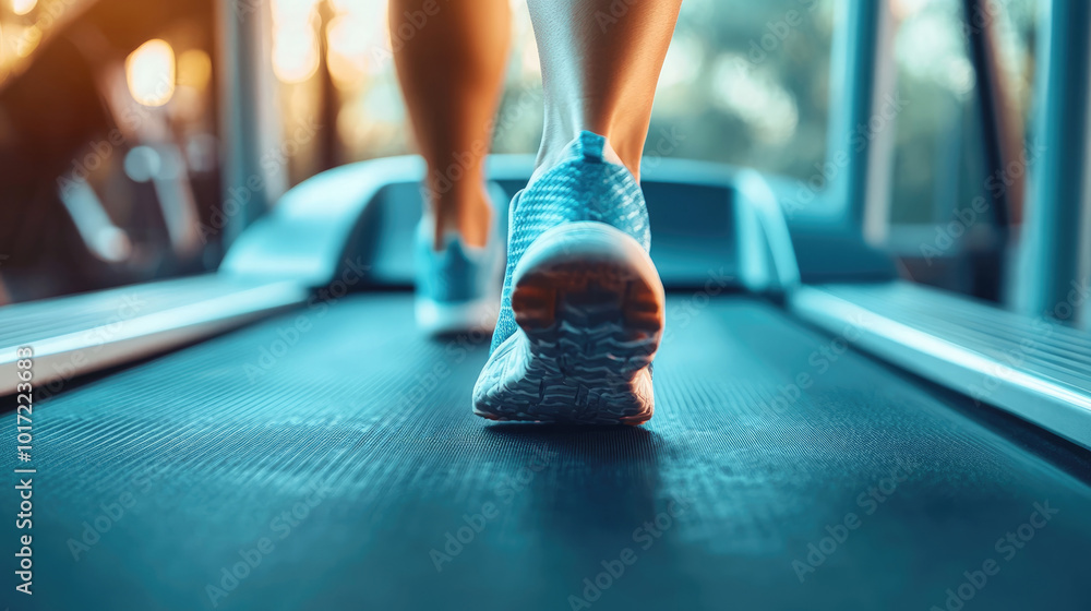 A person is running on a treadmill. The person is wearing blue shoes A person is running on a treadmill. The person is wearing blue shoes