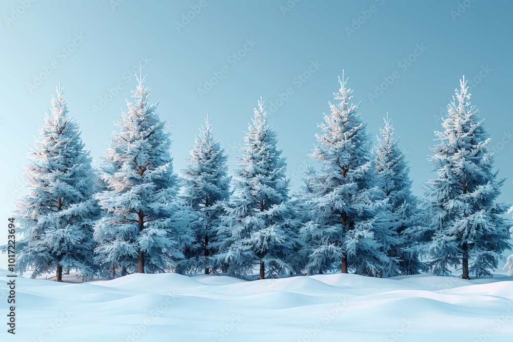 Naklejka premium Minimalistic christmas poster featuring a panoramic snowy forest with 3d trees on a blue background