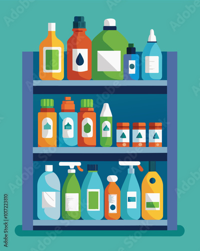 A mostly empty shelf of cleaner with only a couple of left behind bottles of an unfamiliar brand.. Vector illustration