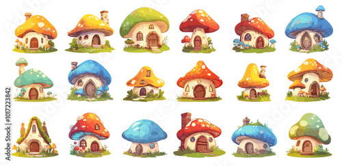 Mushroom houses. Cartoon fairytale village gnome fairy elf huts, fantasy woodland buildings set vector illustration