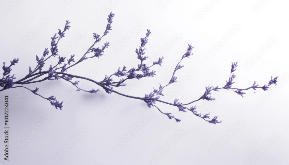 A single twig with small purple buds on a white background. A single twig with small purple buds on a white background.