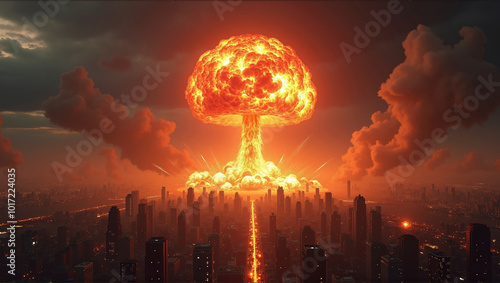 illustrative representation of a nuclear explosion in a city or metropolitan area, horror and fear of war, nuclear disarmament