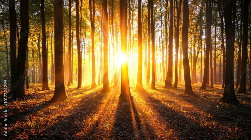 Fototapeta premium A peaceful forest scene at golden hour, with the sunlight streaming through the trees, casting long shadows and lighting up the forest floor with a golden hue