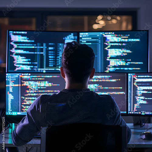 Intensity and dedication of a programmer captured amidst multiple monitors displaying intricate coding