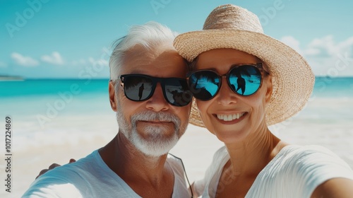 good-looking senior couple tourist. Enjoy free time outdoors near the sea on the beach. Looking at the camera while relaxing on a clear day Poses for travel selfies smiling happy tropical. #1017224869