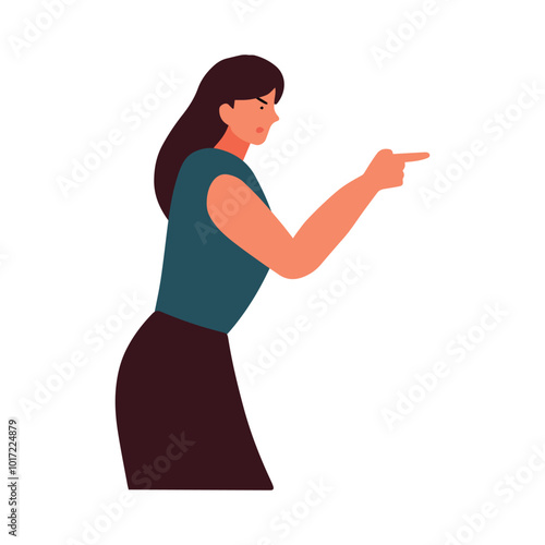 Woman Pointing with Angry Expression. A woman standing and pointing with an angry expression, illustrating frustration, blame, or confrontation, ideal for conflict or emotions-based themes