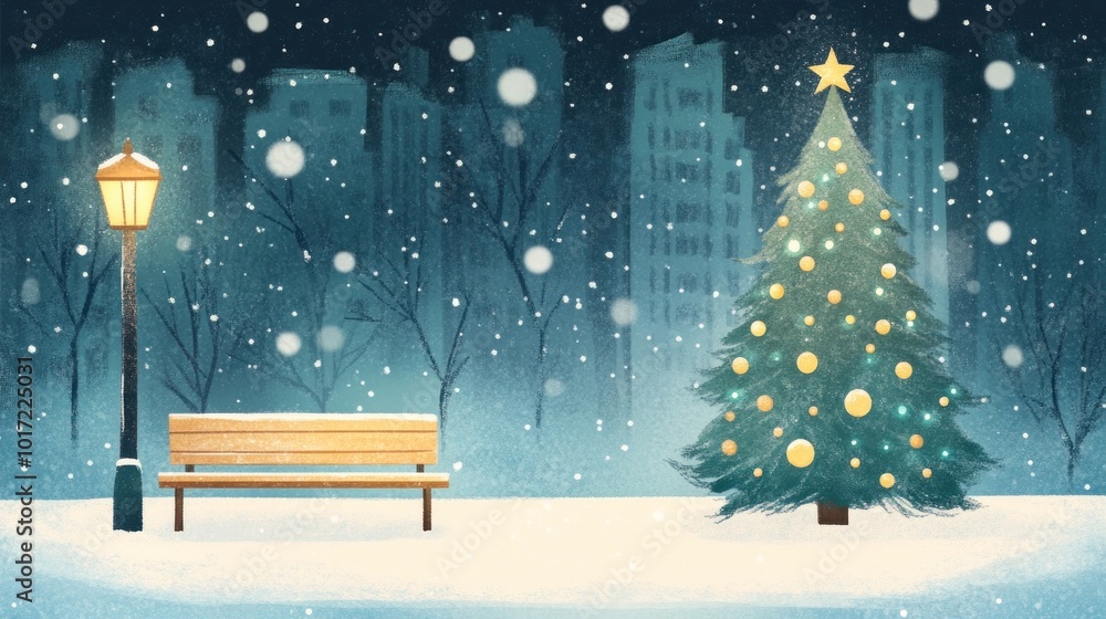 Fototapeta premium Snowy city Christmas tree with falling snowflakes and snow-covered bench on Christmas Eve