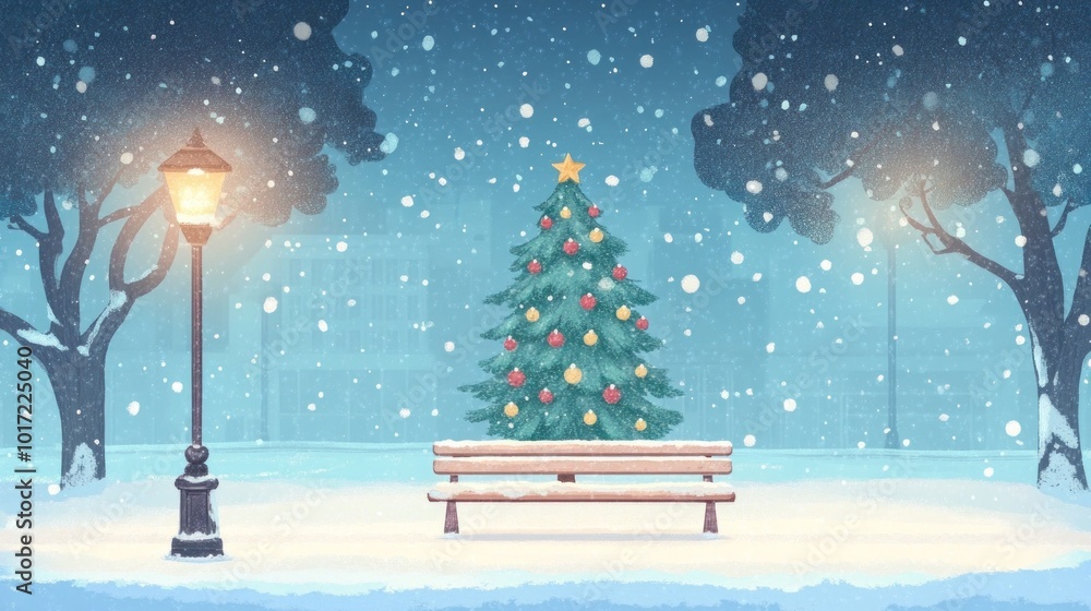 Fototapeta premium Snowy city on Xmas Eve with Christmas tree and bench covered in snow, gentle snowfall