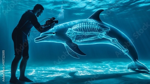 Anatomy of dolphin muscular system and skeletal structure marine biologist with underwater camera ocean environment with dolphins photo